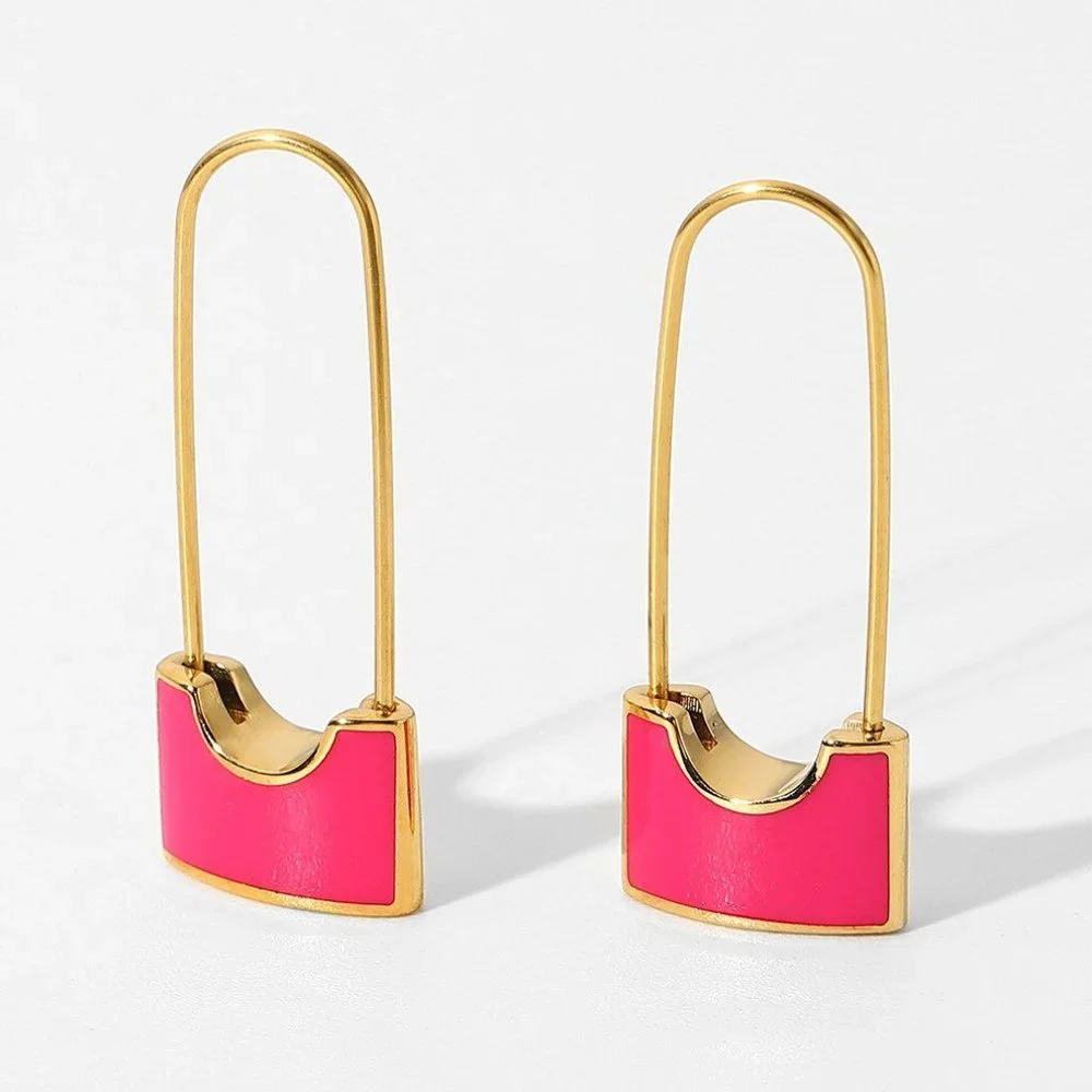 Pink Safety Pin Lock Dangle Earrings 18k Gold Stainless Steel - Picture 1 of 7